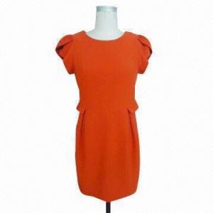 Best Lady's Short Pleats Sleeves Round-neck Woven Red Summer Dress with Pleats on Waist Seam wholesale