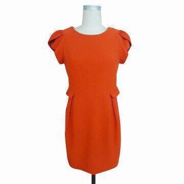 Buy cheap Lady's Short Pleats Sleeves Round-neck Woven Red Summer Dress with Pleats on from wholesalers