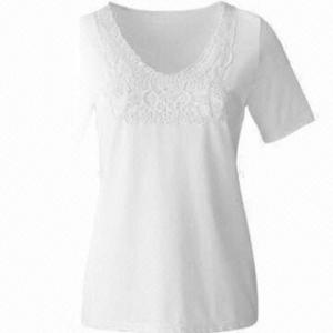 Best Ladies' Deep Round Lace Neck Short Sleeves Casual Fit Blouse with Elasthan Cotton Knitted Fabric wholesale