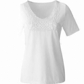 Buy cheap Ladies' Deep Round Lace Neck Short Sleeves Casual Fit Blouse with Elasthan from wholesalers