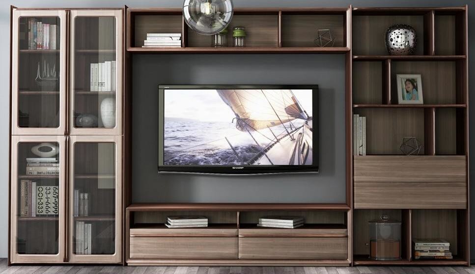 Best 2017 New Walnut Wood Furniture Design Living room Combined TV Wall Units by Tall Cabinets and Floor stand & Hang Racks wholesale