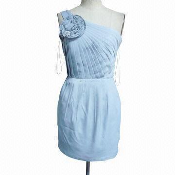 Best Sexy single shoulder small pleats light blue A-line cocktail dress with large flower on shoulder wholesale