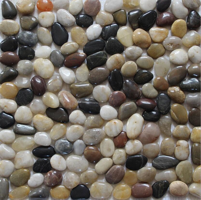Colorful Pebble Mosaic,Mixed Colors Cobble Stone On Mesh,River Stone Mosaic for sale