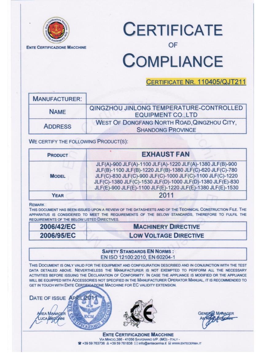 Qingzhou  jinlong  temerature-controlled equipement  CO.,LTD. Certifications