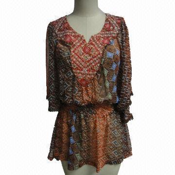 Best Deep V Neck Printed Chiffon Summer Loose Blouse with Bat Wing Sleeves and Elasthan Waist Band wholesale