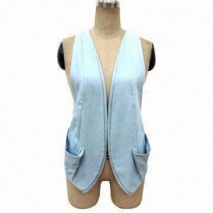 Best Ladies' Blue Cotton Demin Fashionable Casual Vests with Patch Pocket on Front and Each Side wholesale