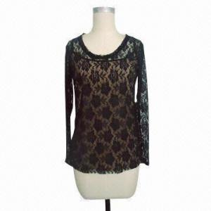 Best Ladies' Black Lace Casual Blouse with Knitted Tanktop, Long Sleeves and Round Neck wholesale