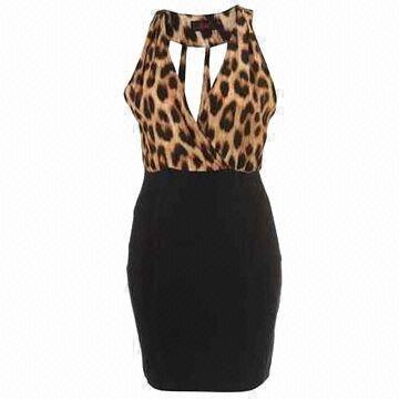 Best Lady's Casual Dress with Animal Printed Knit Sleeveless Deep V Neck, Made of Cotton wholesale