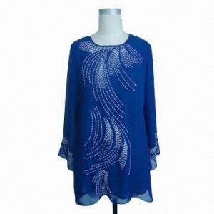 Best Blue plain chiffon round casual long blouse with white embroidery pattern on front and long sleeves wholesale
