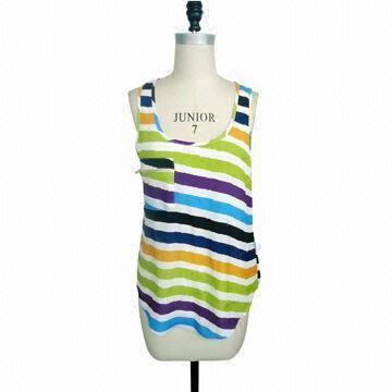 Best Ladies deep U neck sleeveless multicolor large stripes summer loose blouse with metal zipper pocket wholesale