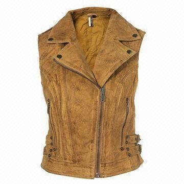 Best Lady's Tailored Collar Sleeveless Brown Casual Cool Vest with Polyester Lining and Metal Zipper wholesale