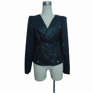 Best Lady's High Quality Round Neck Long Sleeves Fitting Leather Jacket with Gold Big Metal Zipper wholesale