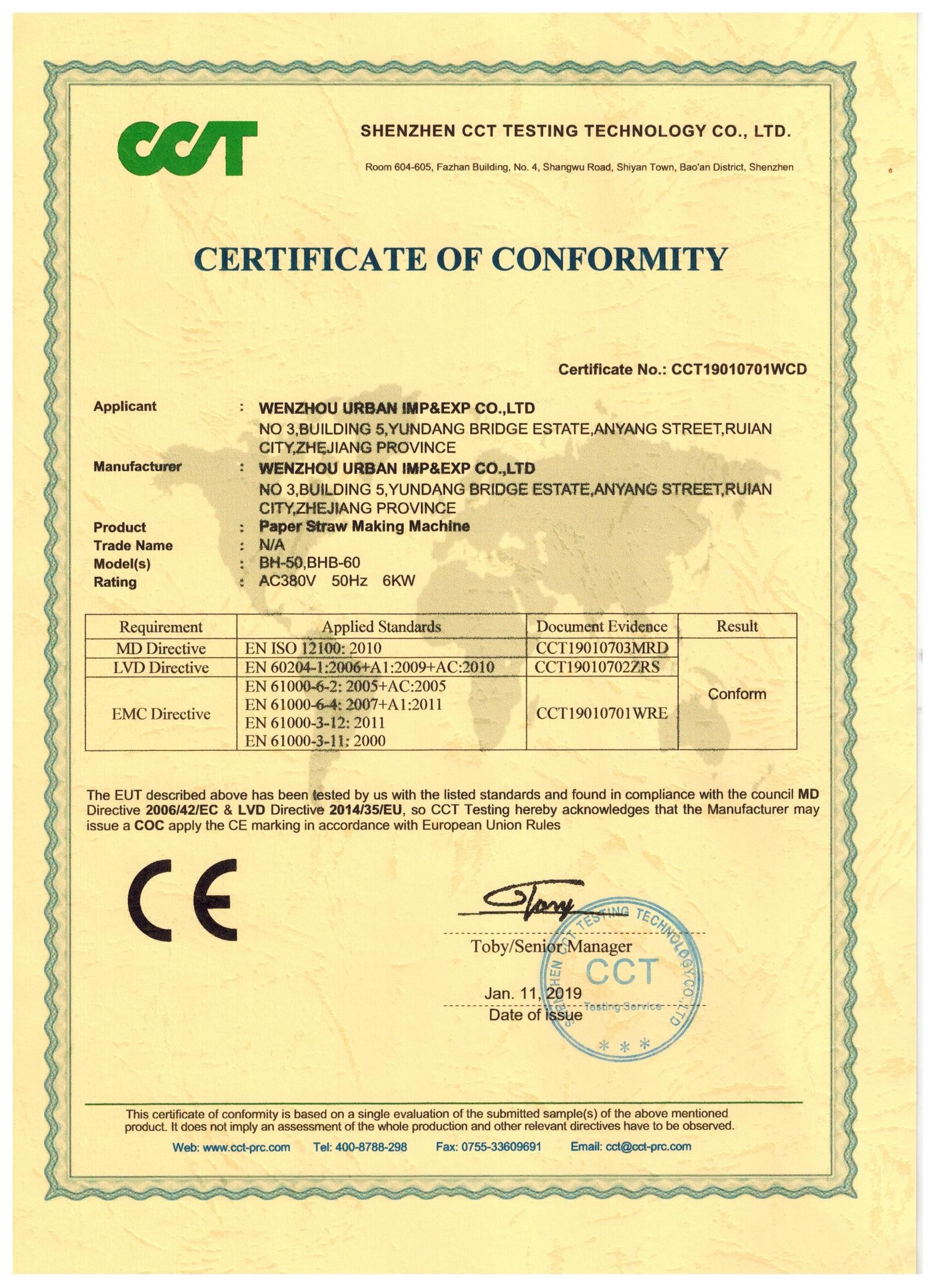 WENZHOU URBAN PACKLINE CO., LTD. Certifications