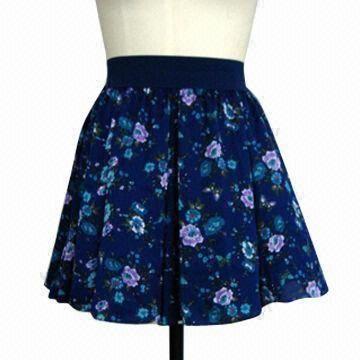 Best Ladies small flower printed black waist band fashionable/casual summer pleats skirt with lining wholesale