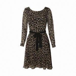 Best Fashoinable Round-neck Chiffon Summer Sexy Dress with 3/4 Sleeves, Black Waistband and Animal Print wholesale