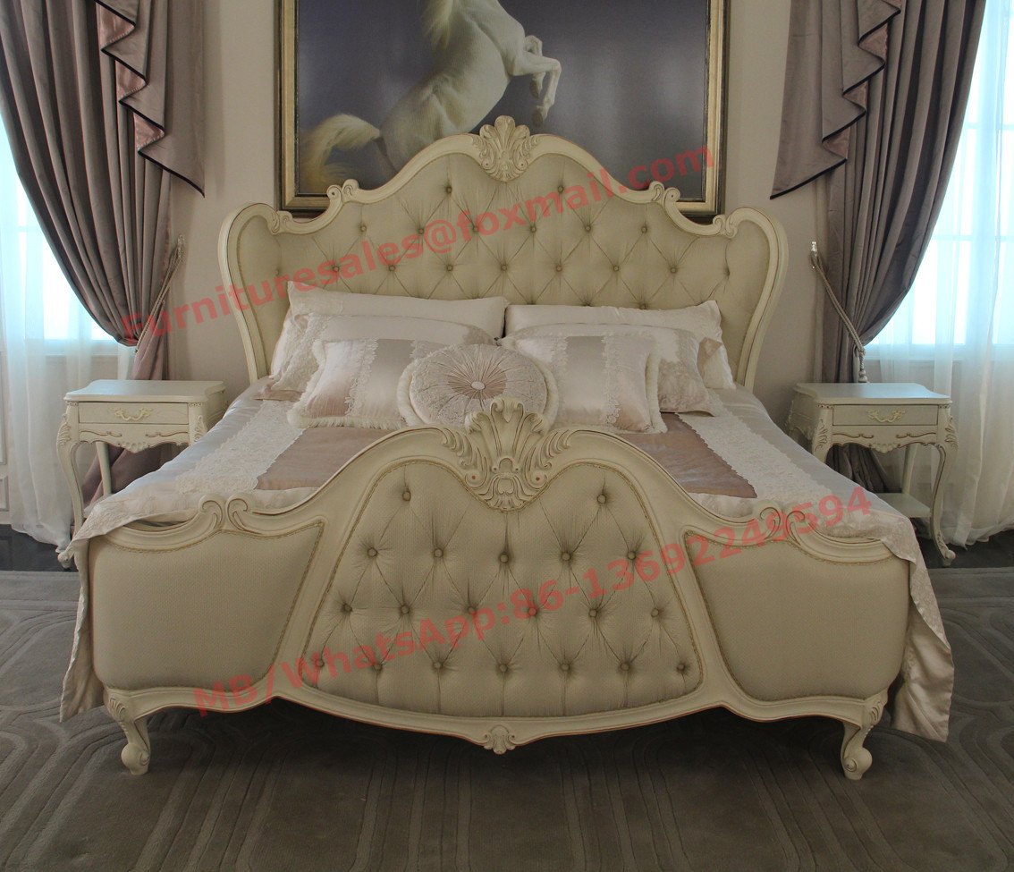 Best Exquisite Fabric Padding Headboard with Solid Wood Bed in Ivory White Painting wholesale