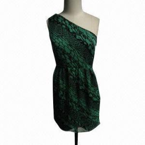 Best Lady Sexy One Shoulder Green Printed Chiffon Summer Dress wholesale