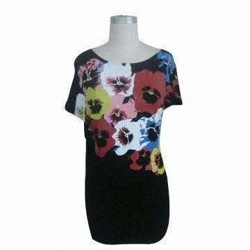 Best Ladies' Casual Summer Down Round Neck Short Sleeves Knit Blouse with Printed Big Flower on Front wholesale