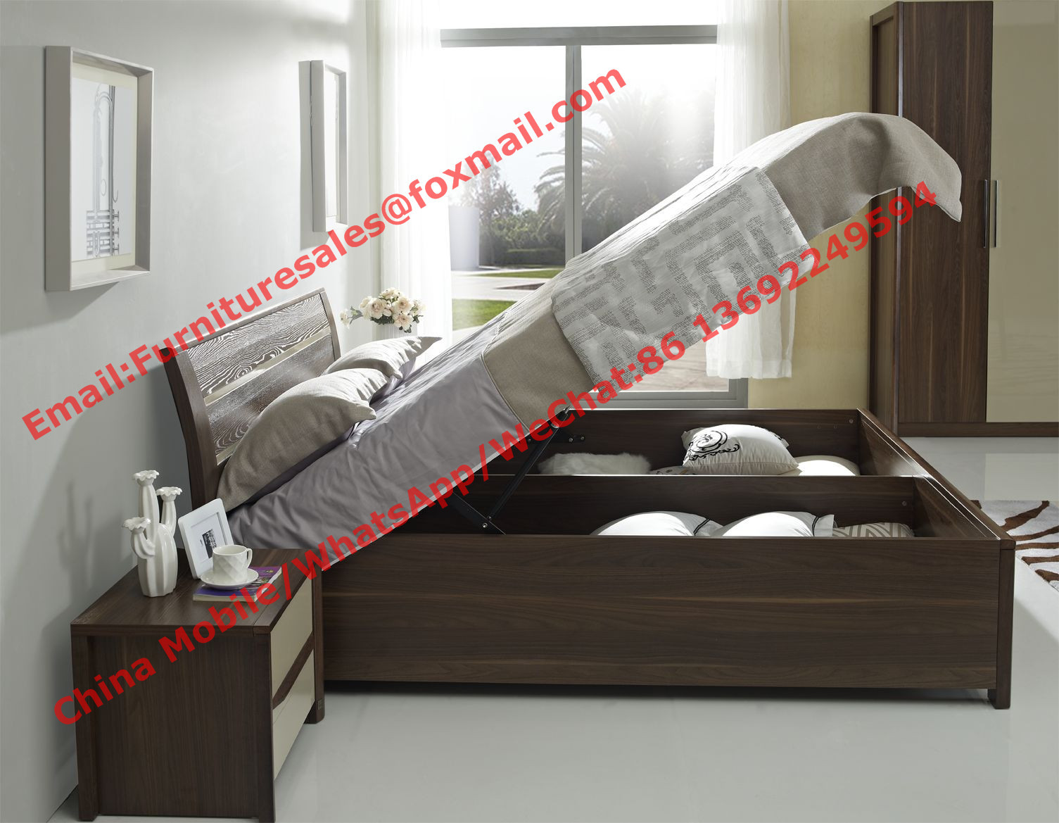 Best Lift mechanism storage bed in classic wooden bedroom furniture wholesale