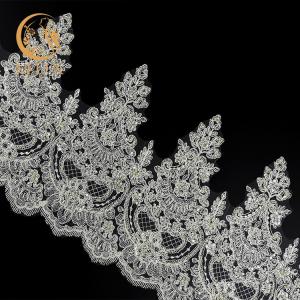 OEM White Scalloped Beaded Bridal Lace Trim Embroidery 80% Nylon
