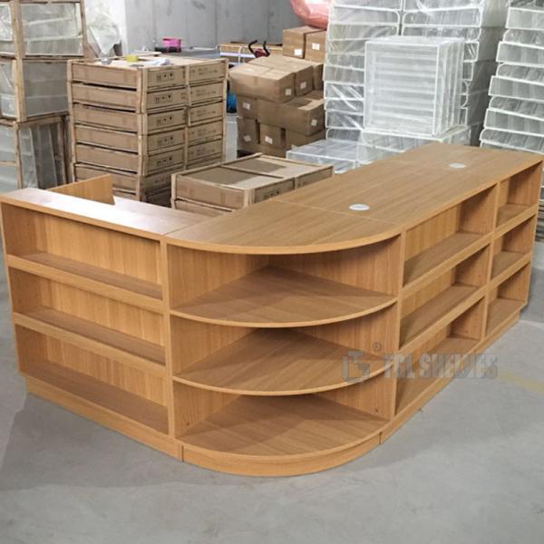 Cheap Powder Coating L Shaped Checkout Counter , Retail Display Counters 90×30×135cm size for sale