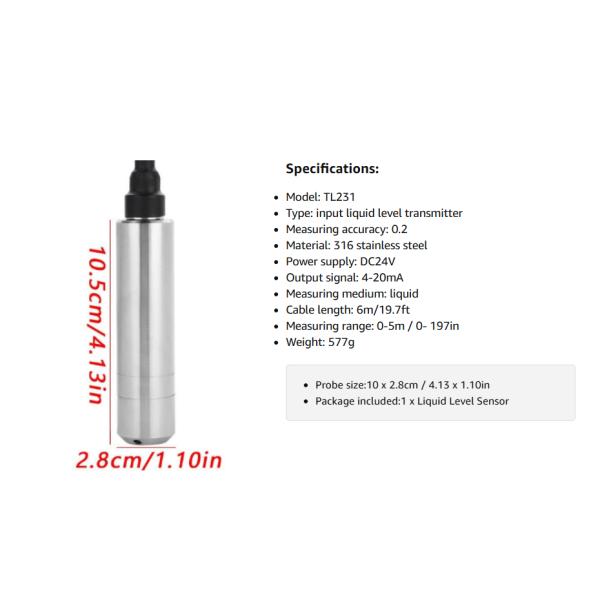 DC 24V 4-20mA Throw-in Type Liquid Water Level Sensor Transmitter For Detecting 0-5m Range Depth