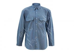 China Men's 100%Cotton Chambray Blue Work Shirt Long Sleeve Chest Pockets Detailed Sleeve Band on sale