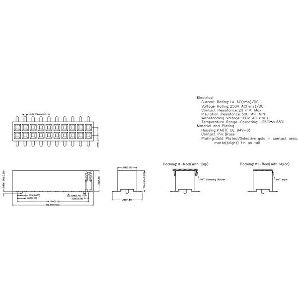 Gold Flash PA6T 1U Female Pin PCB Connector 1.27mm Pitch