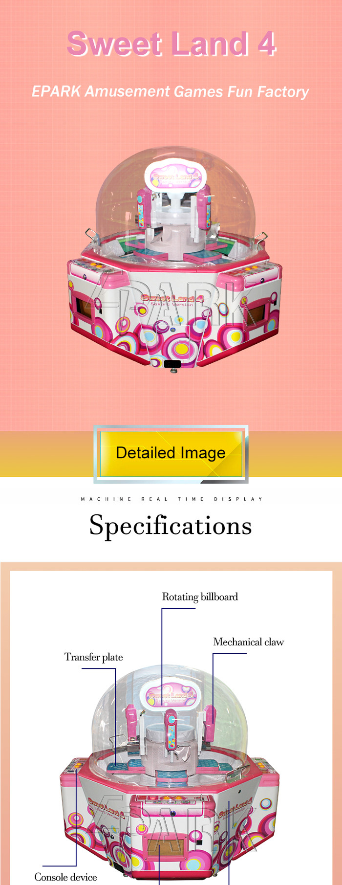 Coin Operated Kids Amusement Redemption Game Machine / Sweet Land 4 Push Candy Claw Crane Machine