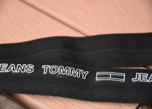 China 2cm Black Elastic Webbing Straps Printed With White Cut Out Letters Logo on sale