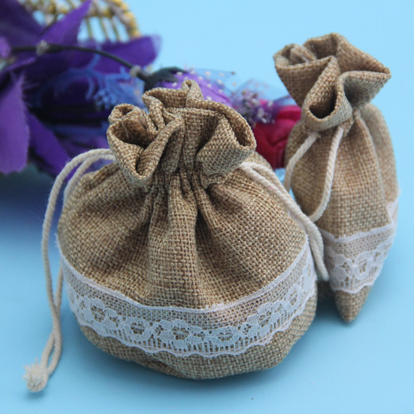 Wedding Round Jute Sling Bag With Lace , 8 * 10cm Mini Drawstring Pouch