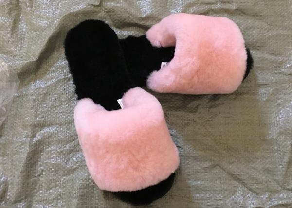 Pink / Gray Ladies Open Toe Sheepskin Slippers With Soft Rubber Sole