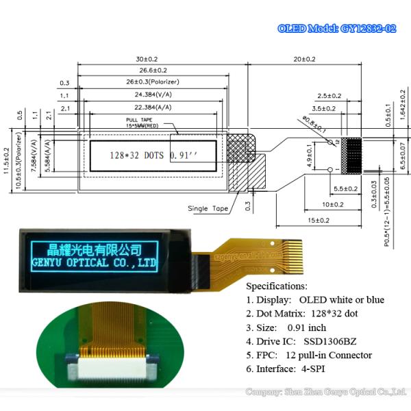 0.91 Inch 128x32 White Blue OLED Panel 15 Pin 0.91 OLED Display SSD1306 SPI I2C OLED Screen 128*32 Inch 128*32 OLED 128*32