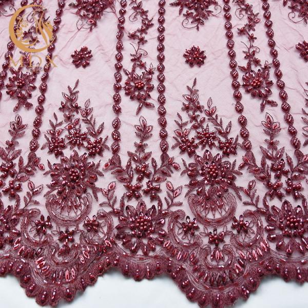 Cheap Elegant Bridal Red Beaded Lace Fabric African Style Customized For Dress for sale