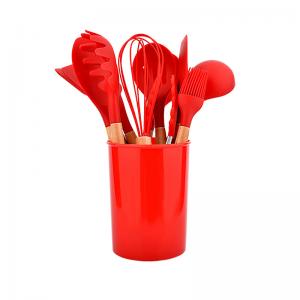 China Food Grade Silicone Kitchen Cookware Accessories Cooking Utensils Set With Natural Handles on sale