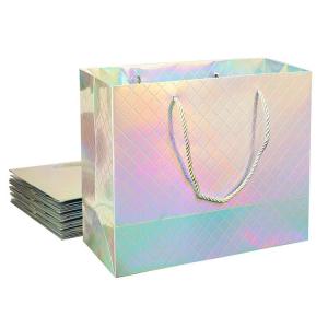 China Custom Logo Printed Wholesale Retail Rainbow Iridescent Fancy Holographic Hologram Paper Gift Bags on sale