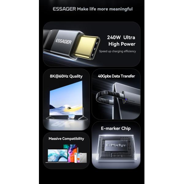 ESSAGER ES-X77 240W USB4.0 Usb C to Usb C Fast Charging Cable 8K 60Hz 40Gbps Audio Video