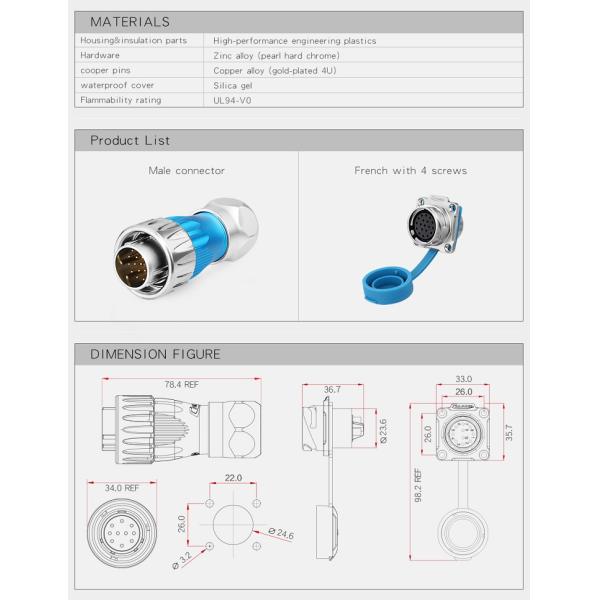 Metal Shell M24 10 Pin Waterproof Circular Connector Automotive 10 Contact Power Socket