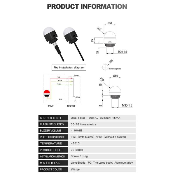 RYG LED Indicator Lamp Mini Signal Warning Light With Length Wire 0.5m And Input DC24V