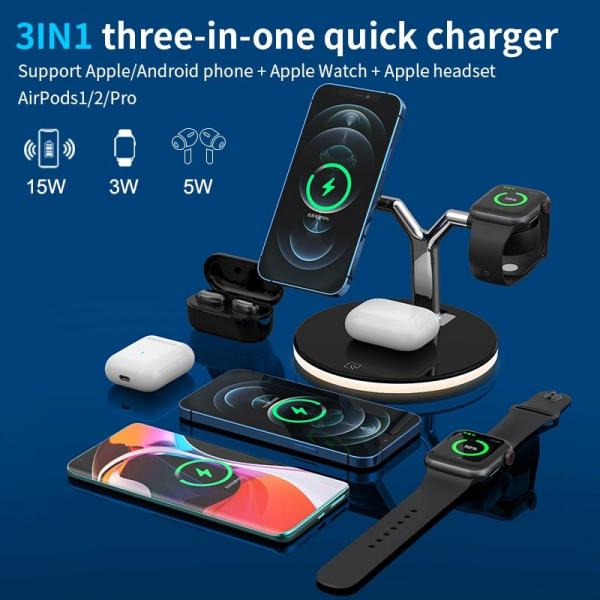 PC ABS 3 In 1 15W Magnetic Desktop Wireless Charger For Cell Phone