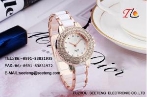Lady watch  white bracelet metal band and double circle diamond inset case