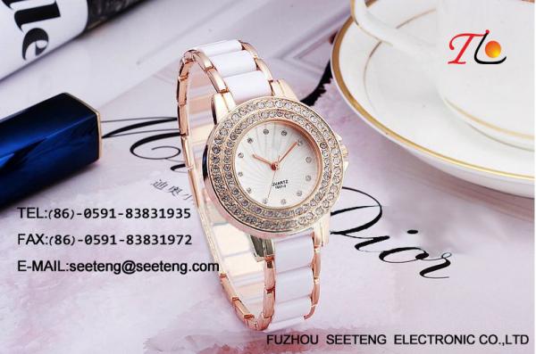 Cheap Lady watch  white bracelet metal band and double circle diamond inset case for sale