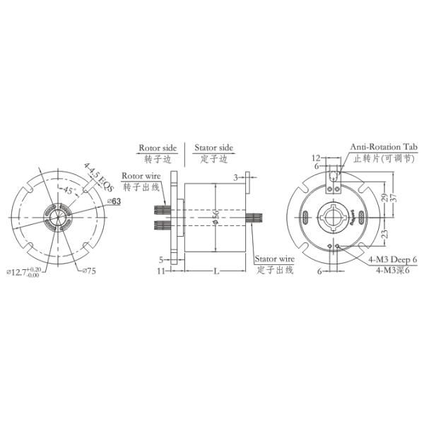 IP51 Miniature Through Hole Slip Ring Rotor Flange 12.7mm