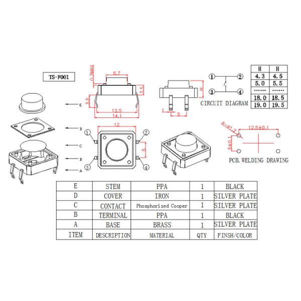 Black Round Button SMD Tactile Switch Through Hole Type For High Density Mounting
