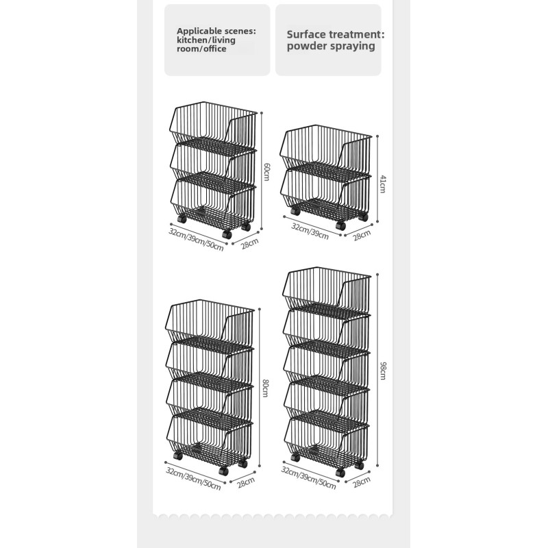 Large Capacity Multi-layer Kitchen Trolley Black Metal Storage Rack Vegetable Fruit Storage Rack