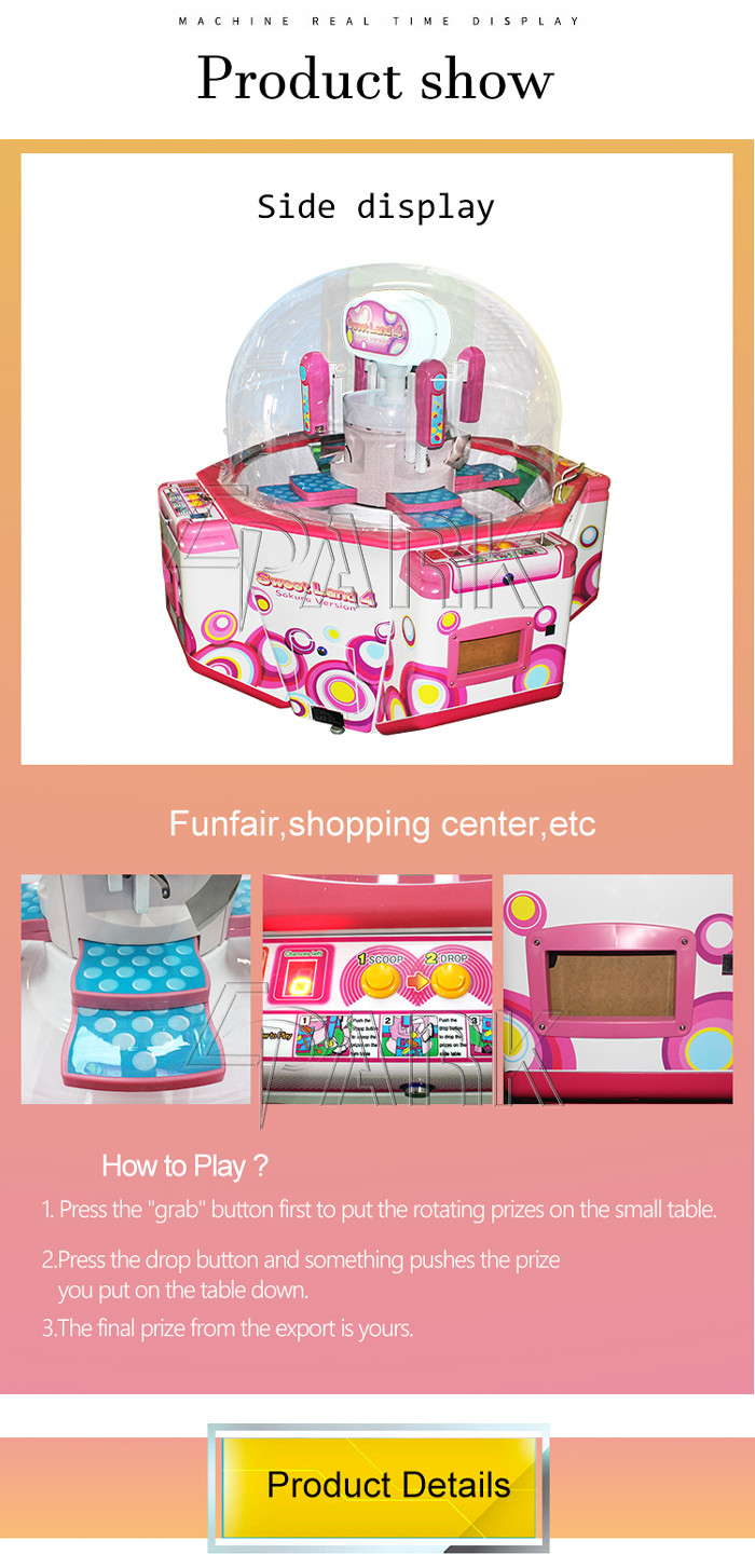 Coin Operated Kids Amusement Redemption Game Machine / Sweet Land 4 Push Candy Claw Crane Machine