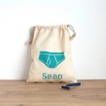 Underwear bag - hand printed customised text in blue on cotton bag - personalise