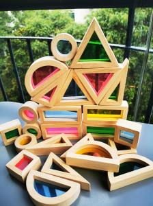 Best Kids Montessori Wooden Toy Sensory Rainbow Mirror Blocks Solid Rubber Wood Stacking Acrylic Buliding Stacker Educational wholesale