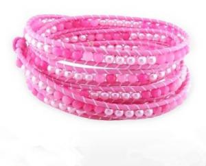 5 Rows Pearl Beads Leather Wrap Bracelet, Pink Agate Wrap Bracelet, Leather Wrap Bracelet