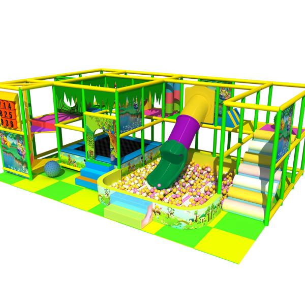PVC Coated Soft Indoor Playground High Rise Trampoline With Plastic Slide Tube